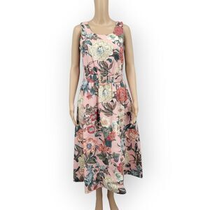 Sabino Vintage Dusty Rose Mauve Pink Floral Sleeveless Dress Belted Tea Length